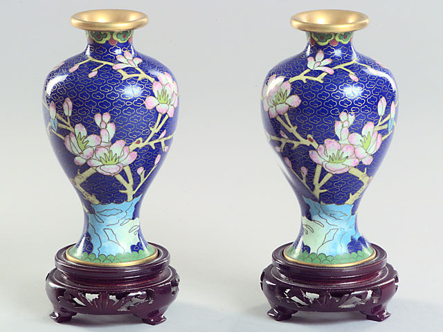 A Lovely Pair of Chinese Cloisonne Vases on Carved Wood Stands