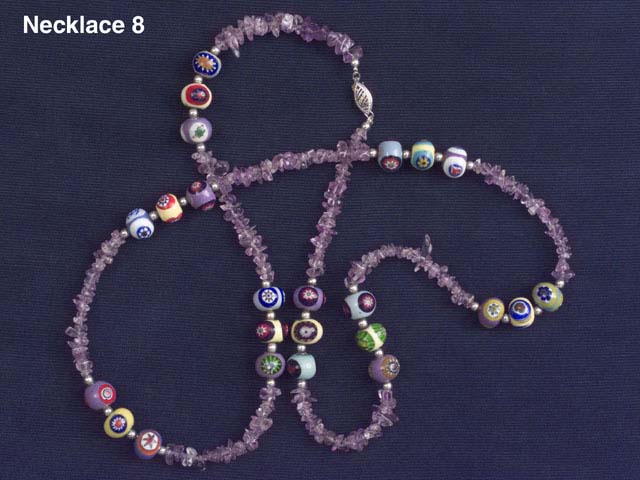 30" Handmade Venetian Glass Necklace with Sterling Beads, Polished Amethyst chips and a Sterling Silver Safety Clasp