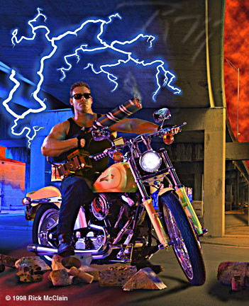 This image, like the one on our home page, was created for Terra Diamond Inc. This was originally created as a 4 x 5 foot trade show ad, then, since the client liked it so much, became the first in an a series of double page spread magazine ads that has run for over two years. The inspiration was, at the suggestion of the client, TERMINATOR 2, the movie. The cycle, biker, cut concrete and an additional image of their coring blade were all shot in our studio. The bridge was shot on the west side of Salt Lake City on a cold drizzly evening, and with significant digital manipulation on our computer, the final image created. The motorcycle color was changed from white to yellow; color added to the bridge; grey skies were replaced; graffiti moved, removed, or added; and many other minute details, including a little lightning, added or improved. Another image for Terra Diamond is in our Products Category.