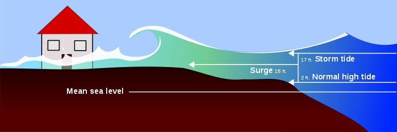 A beautiful, full color illustration of a how storm surge works along with a high tide.